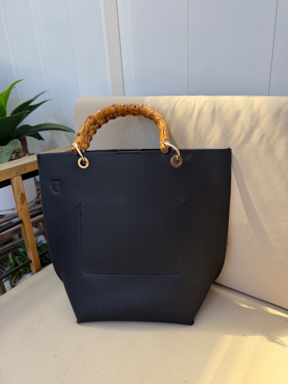 Black Tote Bag with Bamboo Handle – Stylish Women's Shoulder Bag